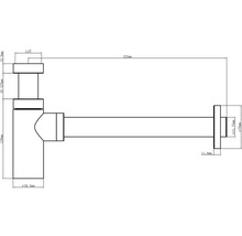 Technische tekening van een sifon met afmetingen