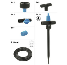 Diverse tuinbewateringsonderdelen en een druppelsymbool.