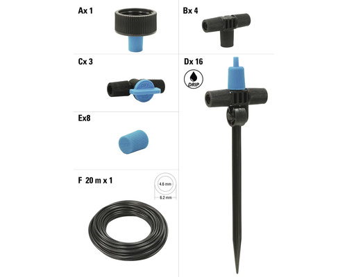 Componenten voor druppelirrigatie in een set