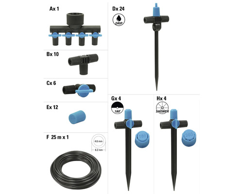 Tuinbewateringssysteem met sproeiers, verdeelstukken, slang en accessoires