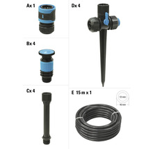 Tuinslang accessoireset, bestaande uit slangkoppeling, sproeier, verlengstuk en grondpen sproeier, plus een slang van 15 meter