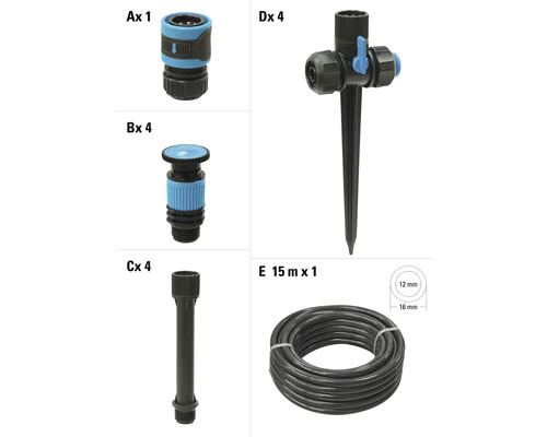 Tuinslang accessoireset, bestaande uit slangkoppeling, sproeier, verlengstuk en grondpen sproeier, plus een slang van 15 meter