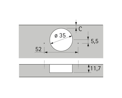 Technische tekening van een boorgat met afmetingen 35 mm diameter, 52 mm afstand en 5,5 mm diepte