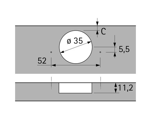 Technische tekening met maatgegevens voor een boorgat