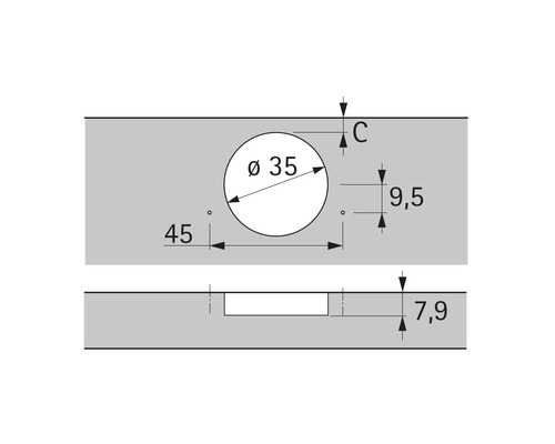 Technische tekening voor een boorgat met een diameter van 35 millimeter