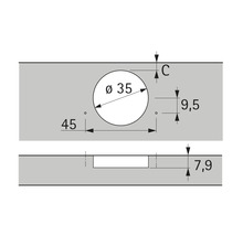 Inbouwafmetingen voor een meubelband met een diameter van 35 mm
