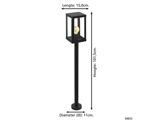 Tuinlamp met de afmetingen: Lengte 15,0 cm, hoogte 101,5 cm en diameter 11 cm