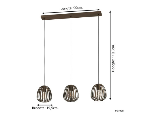 Hanglamp met drie lampen, hoogte 110 centimeter, lengte 90 centimeter en breedte 19,5 centimeter.