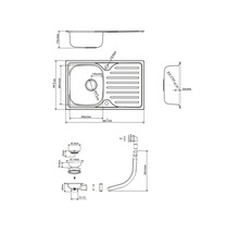 Technische tekening van een aanrechtspoelbak met afmetingen