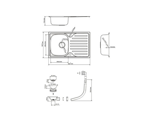 Technische tekening van een aanrechtspoelbak met afmetingen