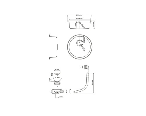 Technische tekening wastafel met afmetingen