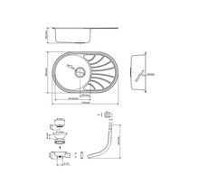 Technische tekening van een spoelbak met afmetingen