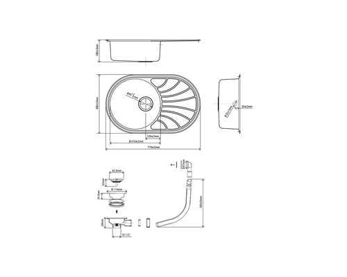 Technische tekening van een spoelbak met afmetingen
