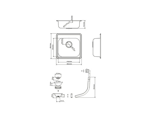 Technische tekening van een spoelbak met maatvoering