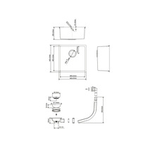 Technische tekening van een spoelbak met afmetingen en sifon