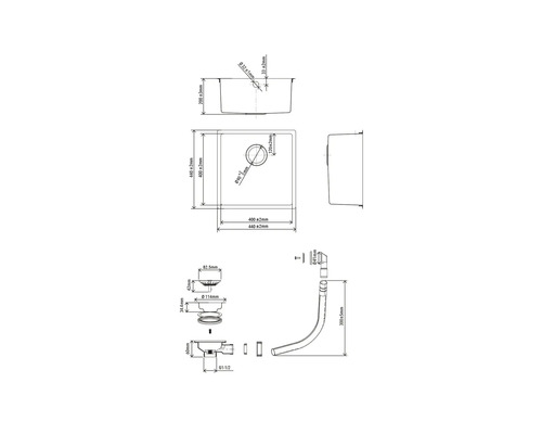 Technische tekening van een spoelbak met afmetingen en sifon