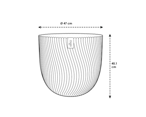 Technische tekening van een plantenbak met de afmetingen diameter 47 centimeter en hoogte 40,1 centimeter, Elho Logo