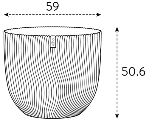 Afbeelding van een plantenbak met de afmetingen 59 bij 50,6 centimeter en Elho Logo.
