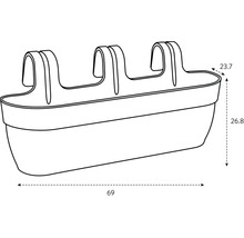 Afbeelding van een balkonbak met afmetingen van 69 x 23,7 x 26,8 cm.