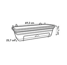 Afbeelding van een bloembak met de afmetingen 69,2 cm lang, 16,7 cm hoog en 25,7 cm diep.