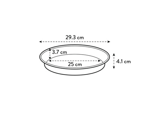 Afbeelding van de afmetingen van een ronde schotel: 29,3 cm breed, 4,1 cm hoog, 25 cm diameter