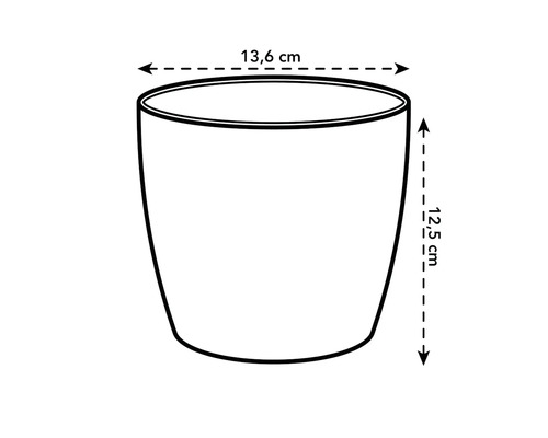 Illustratie van een plantenbak met de afmetingen 13,6 cm breed en 12,5 cm hoog.