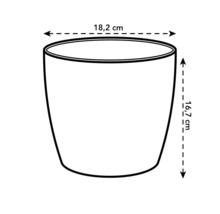 Schets van een plantenbak met afmetingen van 18,2 cm breed en 16,7 cm hoog.