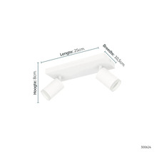 Witte plafondlamp met twee spots, lengte 25 cm, breedte 10,5 cm, hoogte 8 cm.