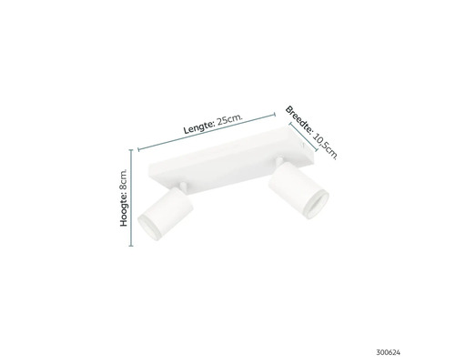 Witte plafondlamp met twee spots, lengte 25 cm, breedte 10,5 cm, hoogte 8 cm.