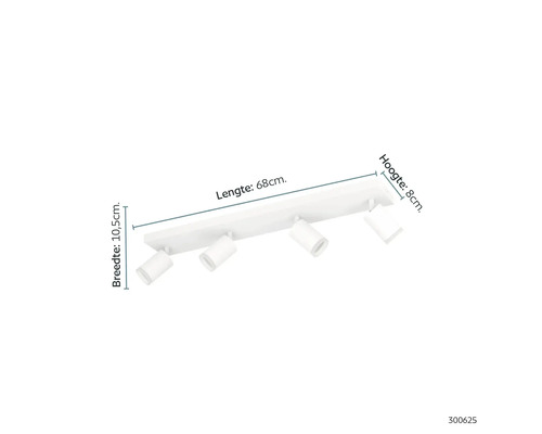Plafondlamp met vier spots en de afmetingen lengte 68 cm, breedte 10,5 cm, hoogte 8 cm