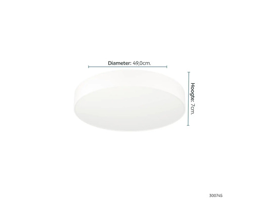 Witte plafondlamp met een diameter van 49 centimeter en een hoogte van 7 centimeter.