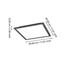 Vierkante led-plafondlamp met de afmetingen 29,50 x 29,50 x 6,50 cm.