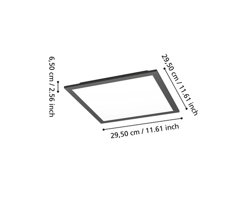 Vierkante led-plafondlamp met de afmetingen 29,50 x 29,50 x 6,50 cm.