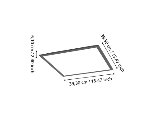 Vierkante plafondlamp met afmetingen 39,30 cm x 39,30 cm en 6,10 cm hoog