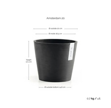 Bloempot ECOPOTS Amsterdam 20: hoogte 17,1 centimeter, buitendiameter 20 centimeter, binnendiameter 18,5 centimeter, inhoud 4 liter.