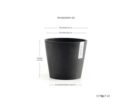 Bloempot ECOPOTS Amsterdam 20: hoogte 17,1 centimeter, buitendiameter 20 centimeter, binnendiameter 18,5 centimeter, inhoud 4 liter.
