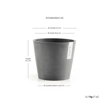 Ecopots Amsterdam 20 bloempot: hoogte 17,1 centimeter, buitendiameter 20 centimeter, bodemdiameter 14,6 centimeter, volume 4 liter.