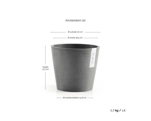 Ecopots Amsterdam 20 bloempot: hoogte 17,1 centimeter, buitendiameter 20 centimeter, bodemdiameter 14,6 centimeter, volume 4 liter.