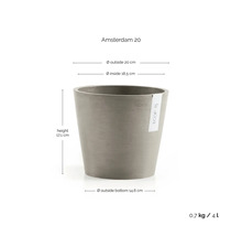 Ecopots Amsterdam 20 bloempot: hoogte 17,1 centimeter, buitendiameter 20 centimeter, binnendiameter 18,5 centimeter, inhoud 4 liter.