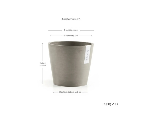 Ecopots Amsterdam 20 bloempot: hoogte 17,1 centimeter, buitendiameter 20 centimeter, binnendiameter 18,5 centimeter, inhoud 4 liter.