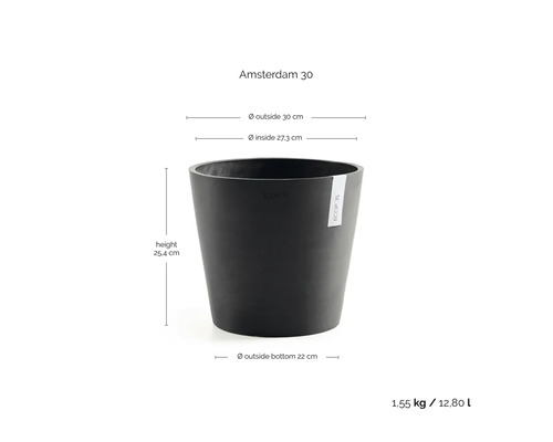 Zwarte bloempot Amsterdam 30 met afmetingen: buitendiameter 30 centimeter, hoogte 25,4 centimeter, inhoud 12,8 liter.