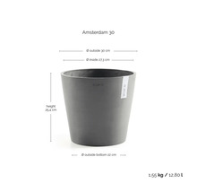 Bloempot ECOPOTS Amsterdam 30 met afmetingen: buitendiameter 30 centimeter, hoogte 25,4 centimeter, inhoud 12,8 liter.