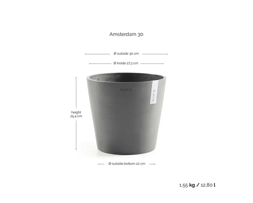 Bloempot ECOPOTS Amsterdam 30 met afmetingen: buitendiameter 30 centimeter, hoogte 25,4 centimeter, inhoud 12,8 liter.