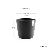 Ecopots bloempot Amsterdam 40: hoogte 34,5 centimeter, buitendiameter 40 centimeter, binnendiameter 36,6 centimeter, inhoud 28 liter.