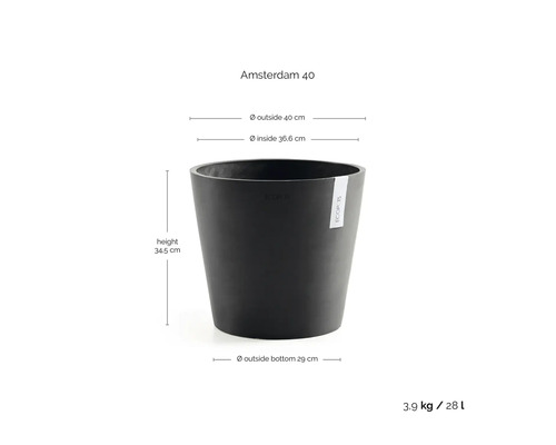Ecopots bloempot Amsterdam 40: hoogte 34,5 centimeter, buitendiameter 40 centimeter, binnendiameter 36,6 centimeter, inhoud 28 liter.
