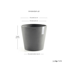 Ecopots bloempot Amsterdam 40 met afmetingen: hoogte 34,5 centimeter, buitendiameter 40 centimeter, inhoud 28 liter.