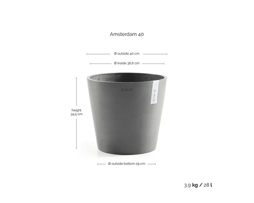 Ecopots bloempot Amsterdam 40 met afmetingen: hoogte 34,5 centimeter, buitendiameter 40 centimeter, inhoud 28 liter.
