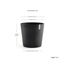 Bloempot Amsterdam 50: hoogte 43,5 centimeter, buitendiameter 50,5 centimeter, bodem 36,5 centimeter, gewicht 5 kilogram, inhoud 62 liter.
