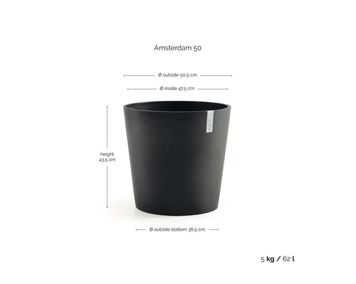 Bloempot Amsterdam 50: hoogte 43,5 centimeter, buitendiameter 50,5 centimeter, bodem 36,5 centimeter, gewicht 5 kilogram, inhoud 62 liter.