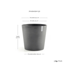 Ecopots Amsterdam 50 plantenbak rond, buitendiameter 50,5 centimeter, hoogte 43,5 centimeter, volume 62 liter, gewicht 5 kilogram.